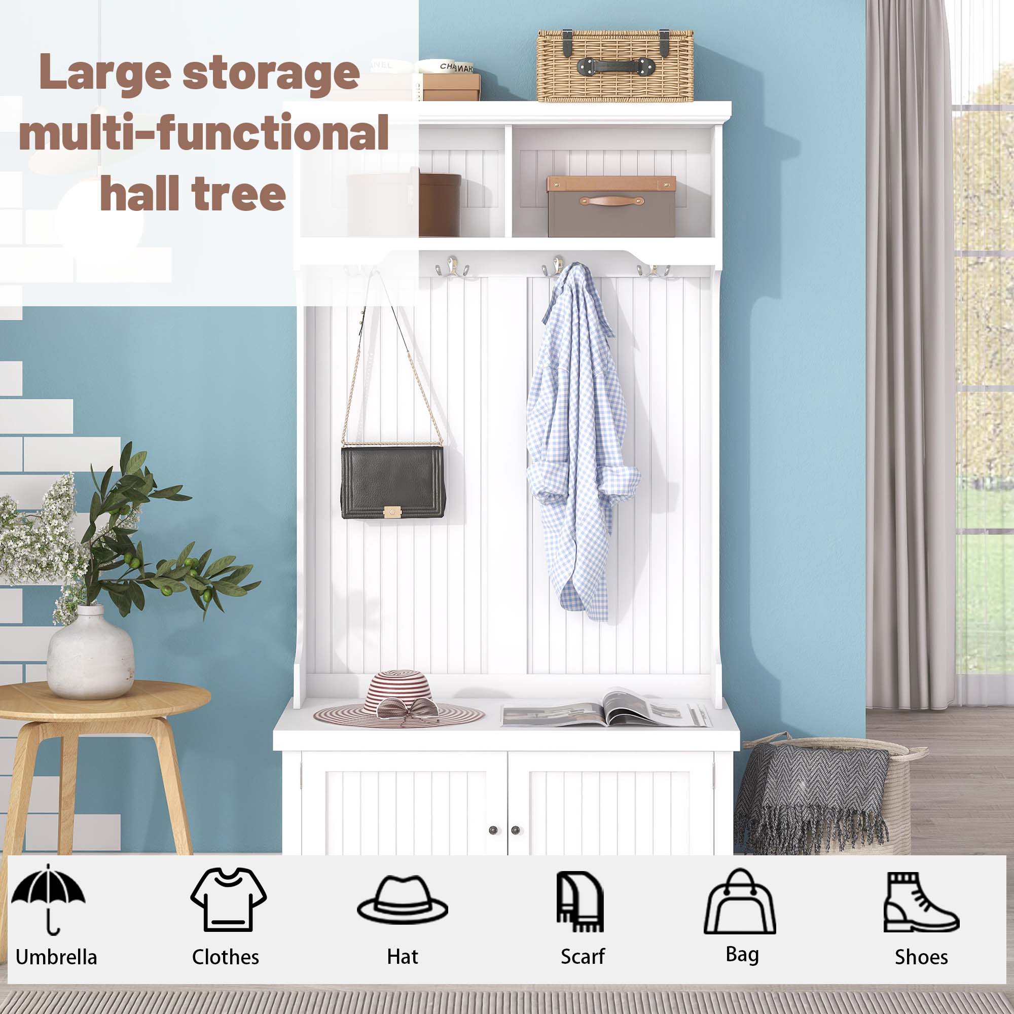 Hall Tree with Storage Shoe Bench for Entryway and Hallway 4-in-1 Design Coat Racks with 4 Hooks for Living Room White