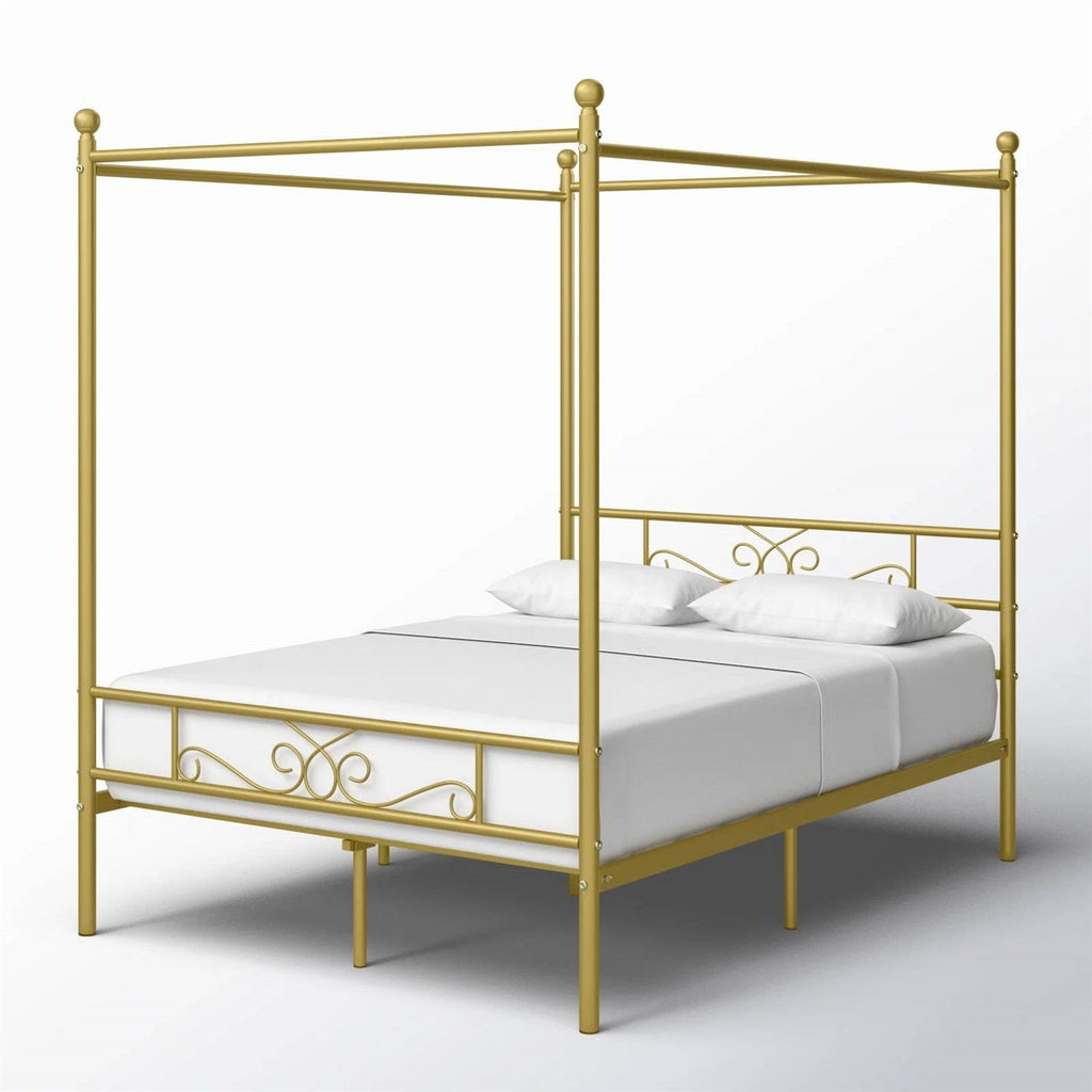 Full size French Country Four Poster Metal Canopy Bed in Gold Finish