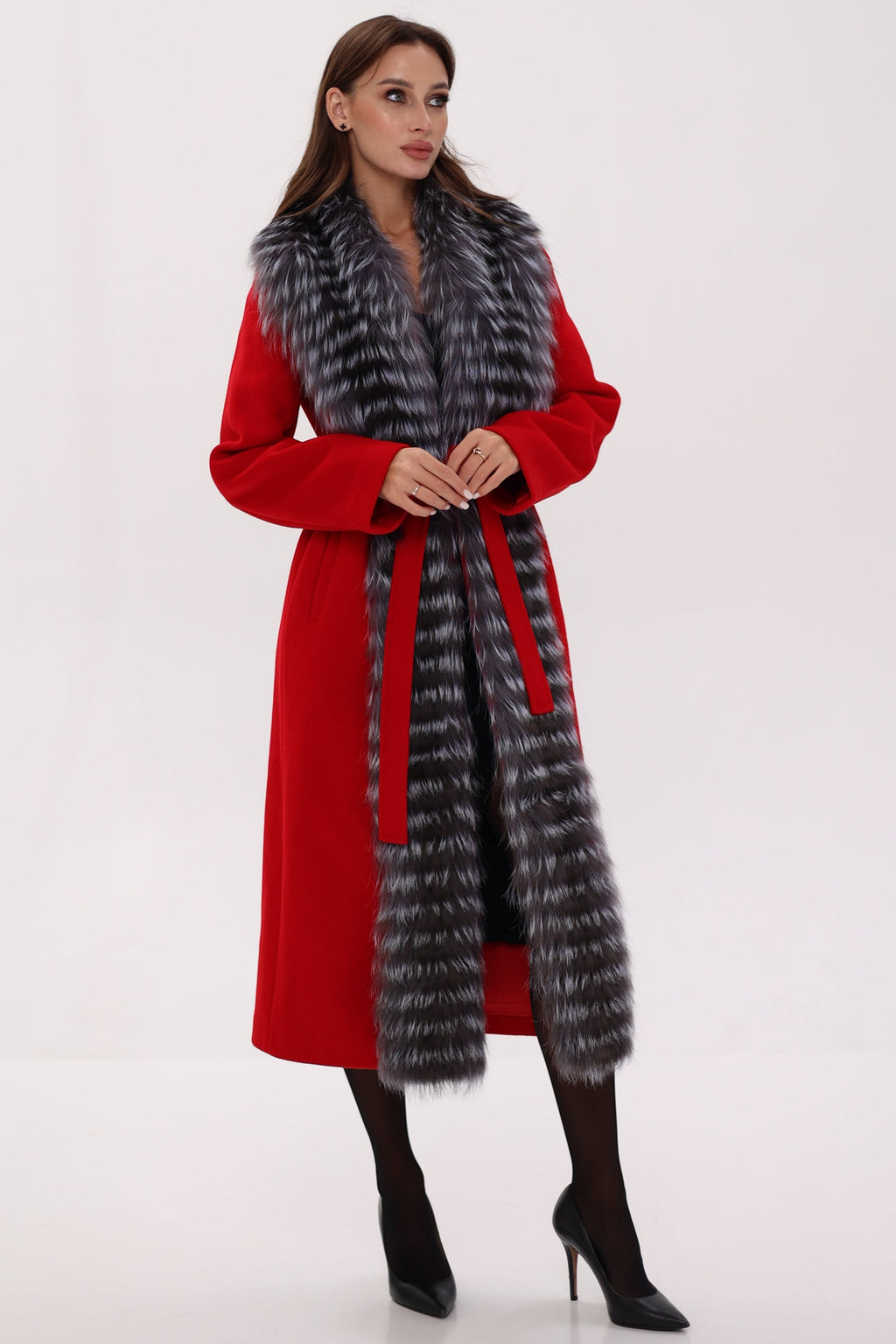 Genuine Silver Fox Virgin Wool Wrap Coat in Red