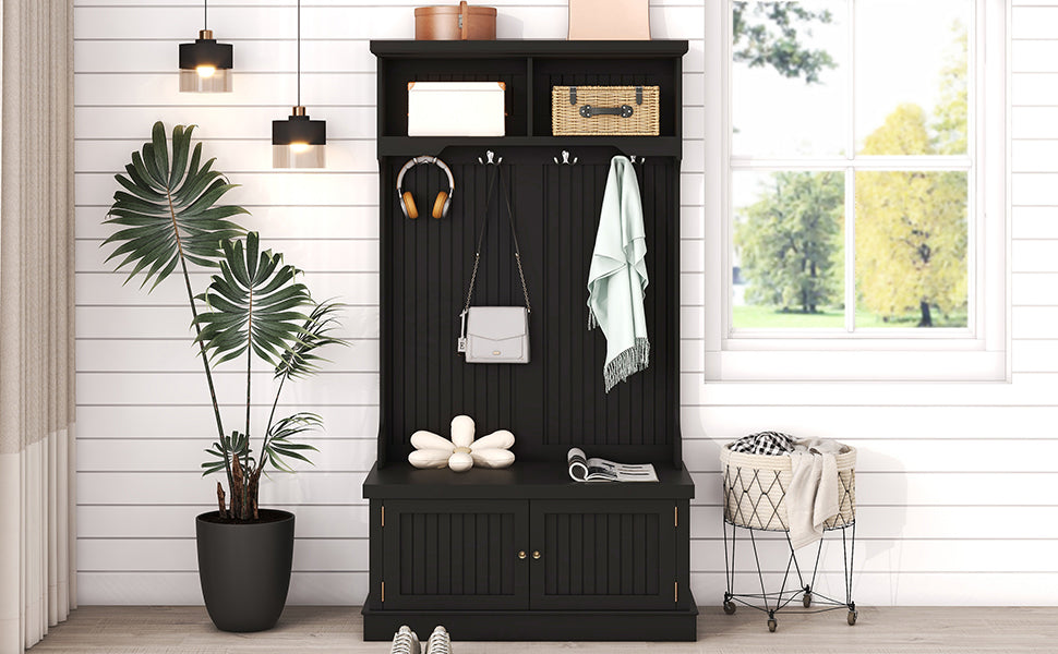 Hall Tree with Storage Shoe Bench for Entryway and Hallway 4-in-1 Design Coat Racks with 4 Hooks for Living Room Black