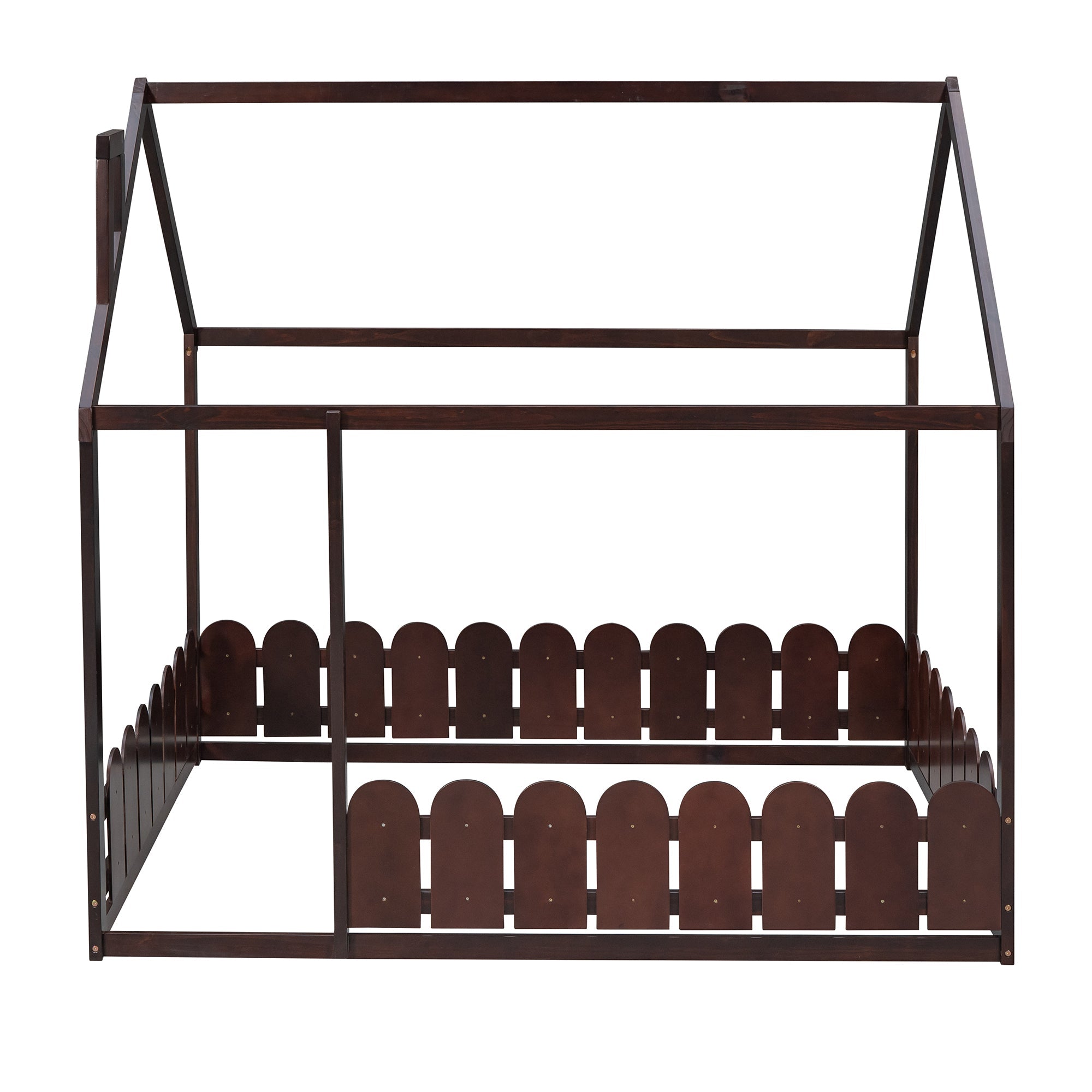 (Slats are not included)Full Size Wood Bed House Bed Frame with Fence for Kids Teens Girls Boys (Espresso )
