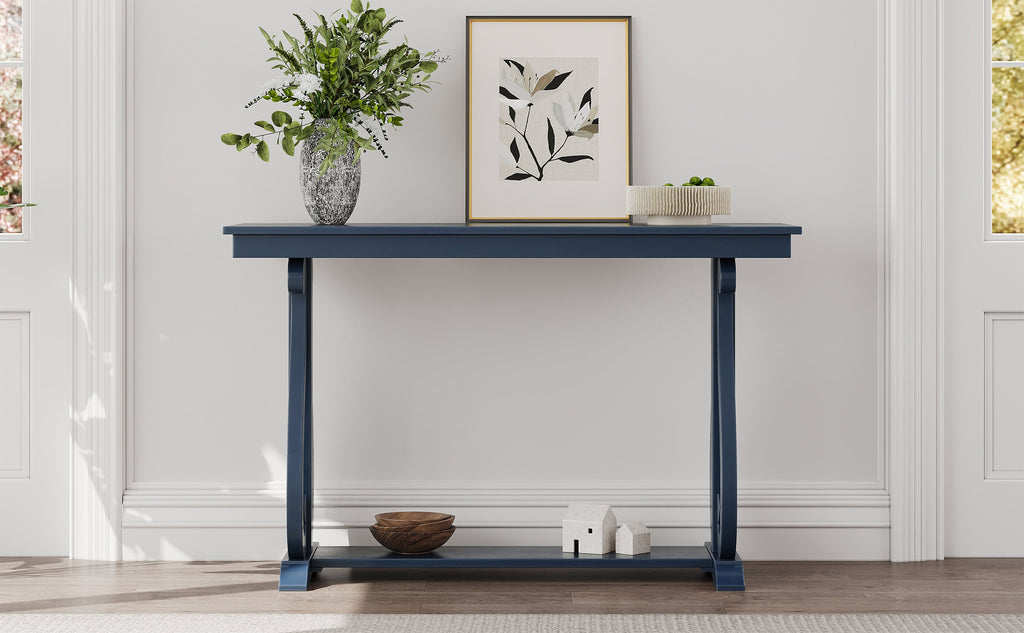 48-Inch Rustic Vintage Console Table --- Farmhouse Style Entryway Table with Open Shelf and Sturdy Construction (Navy)