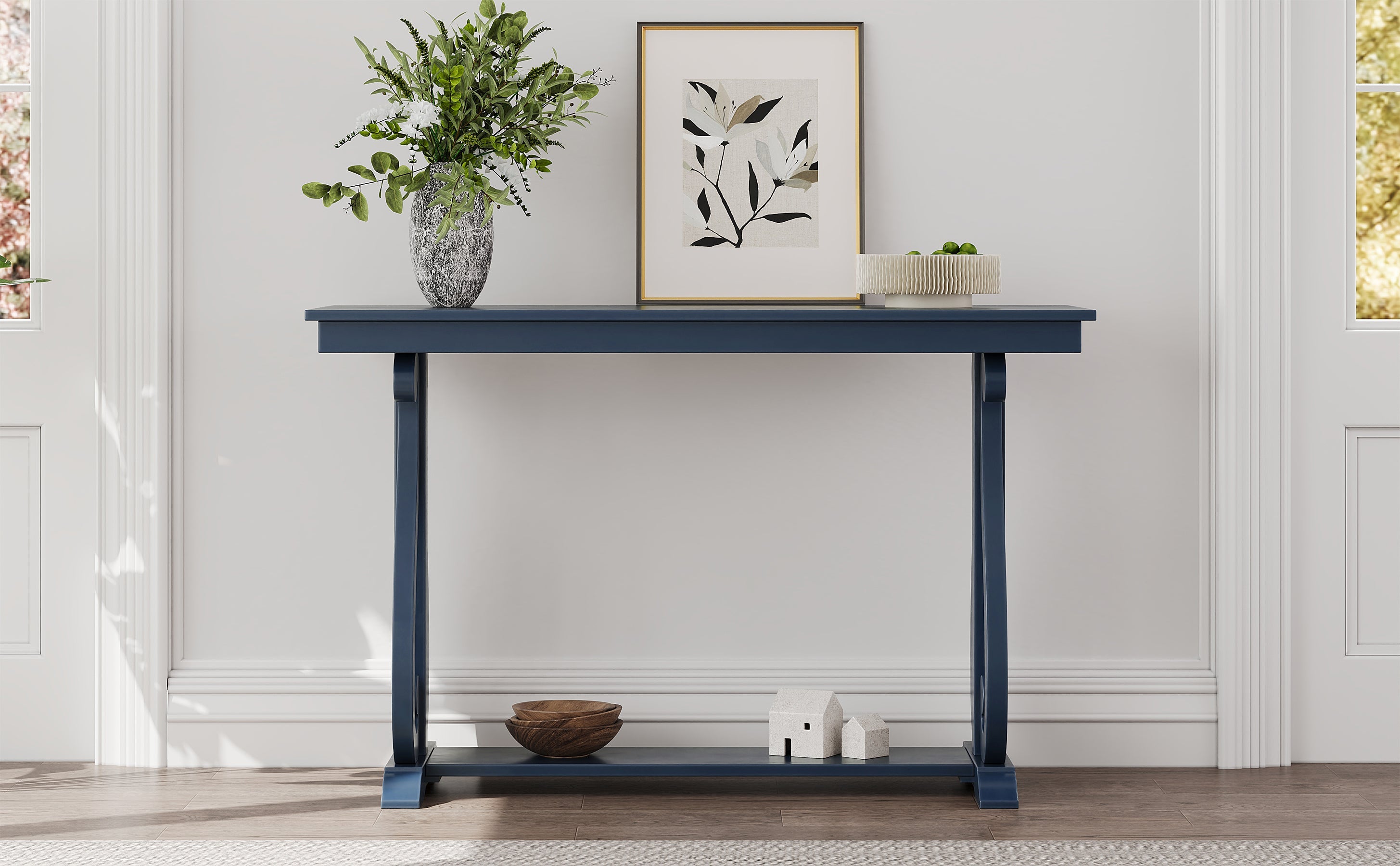 48-Inch Rustic Vintage Console Table --- Farmhouse Style Entryway Table with Open Shelf and Sturdy Construction (Navy)