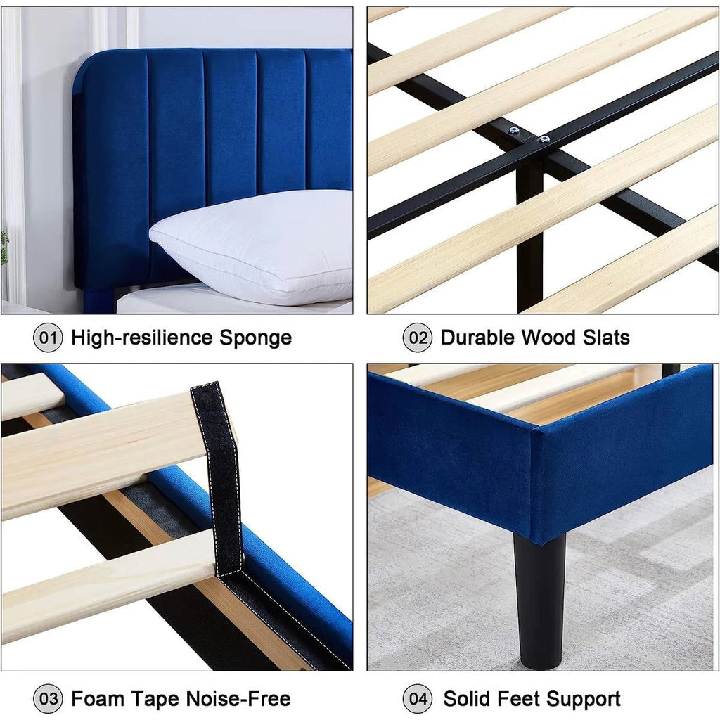 Full size Blue Upholstered Platform Bed Frame with Headboard
