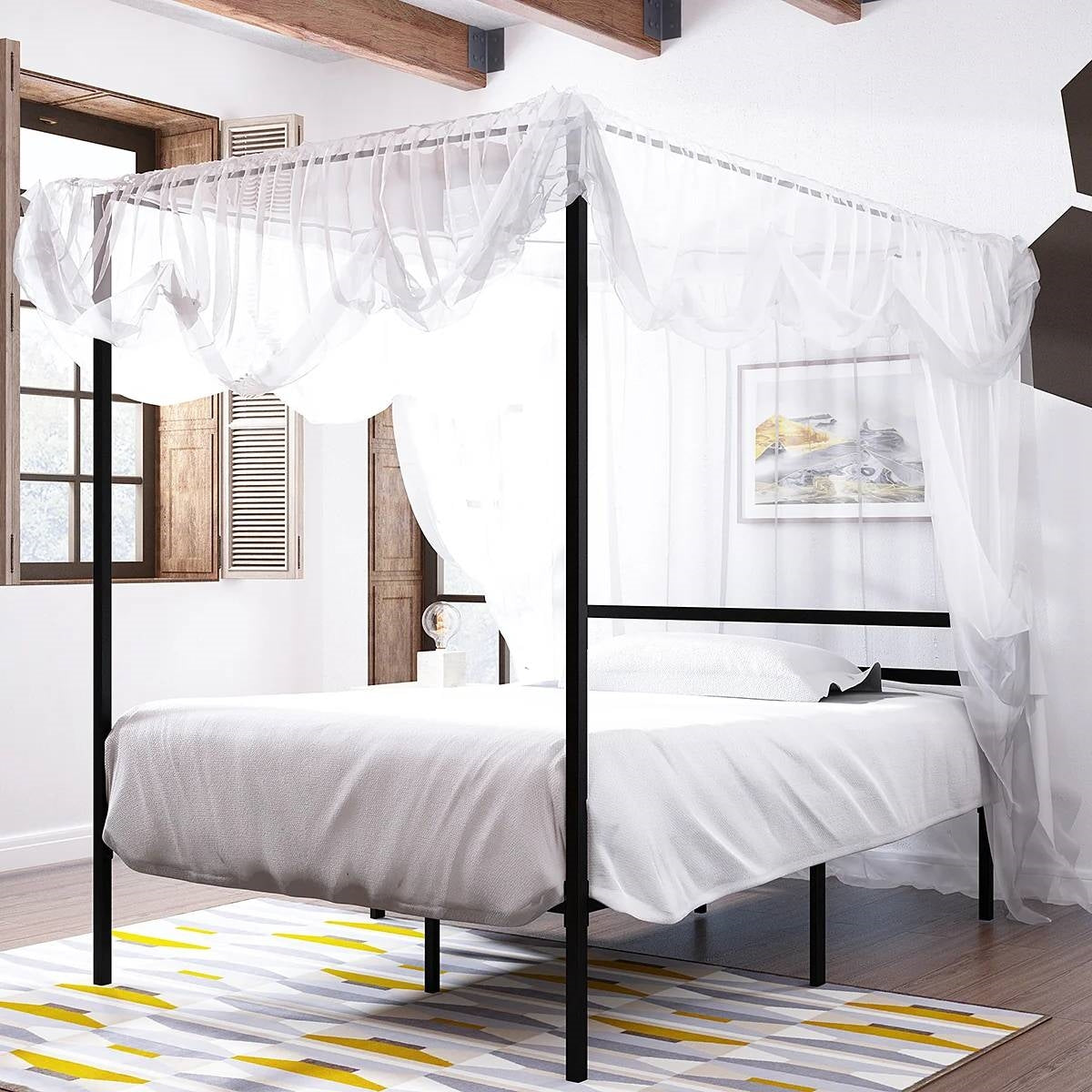 Full size Modern Four Poster Metal Canopy Bed in Black Finish