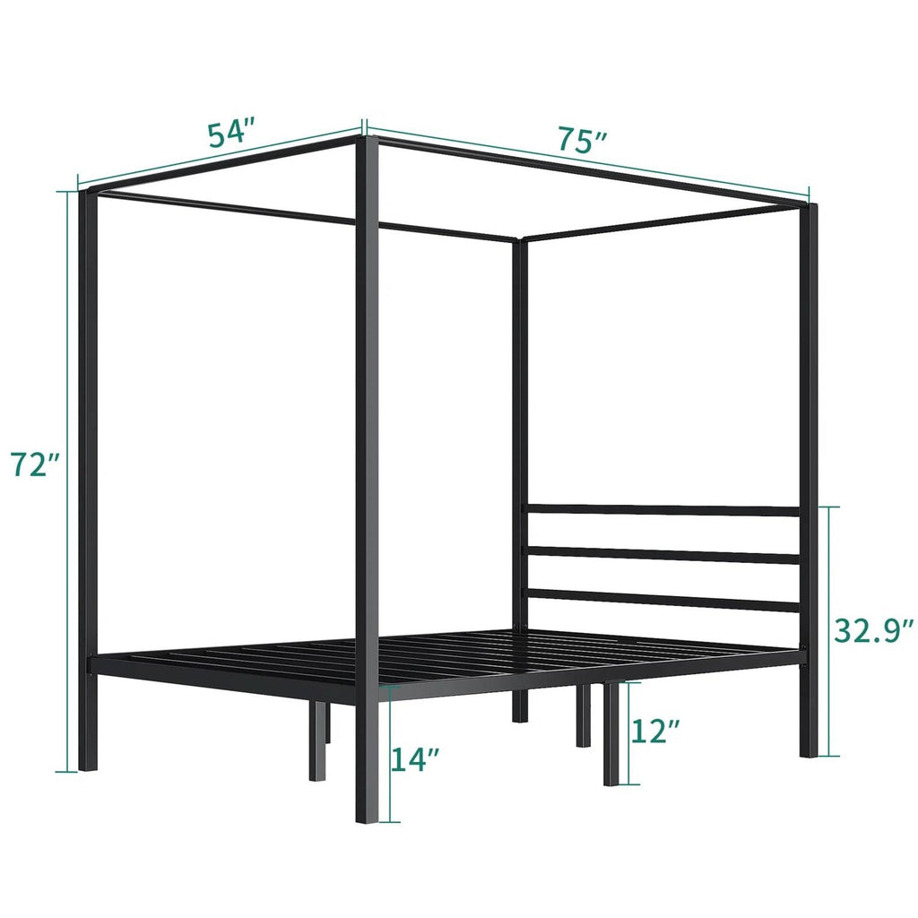 Full size Modern Four Poster Metal Canopy Bed in Black Finish