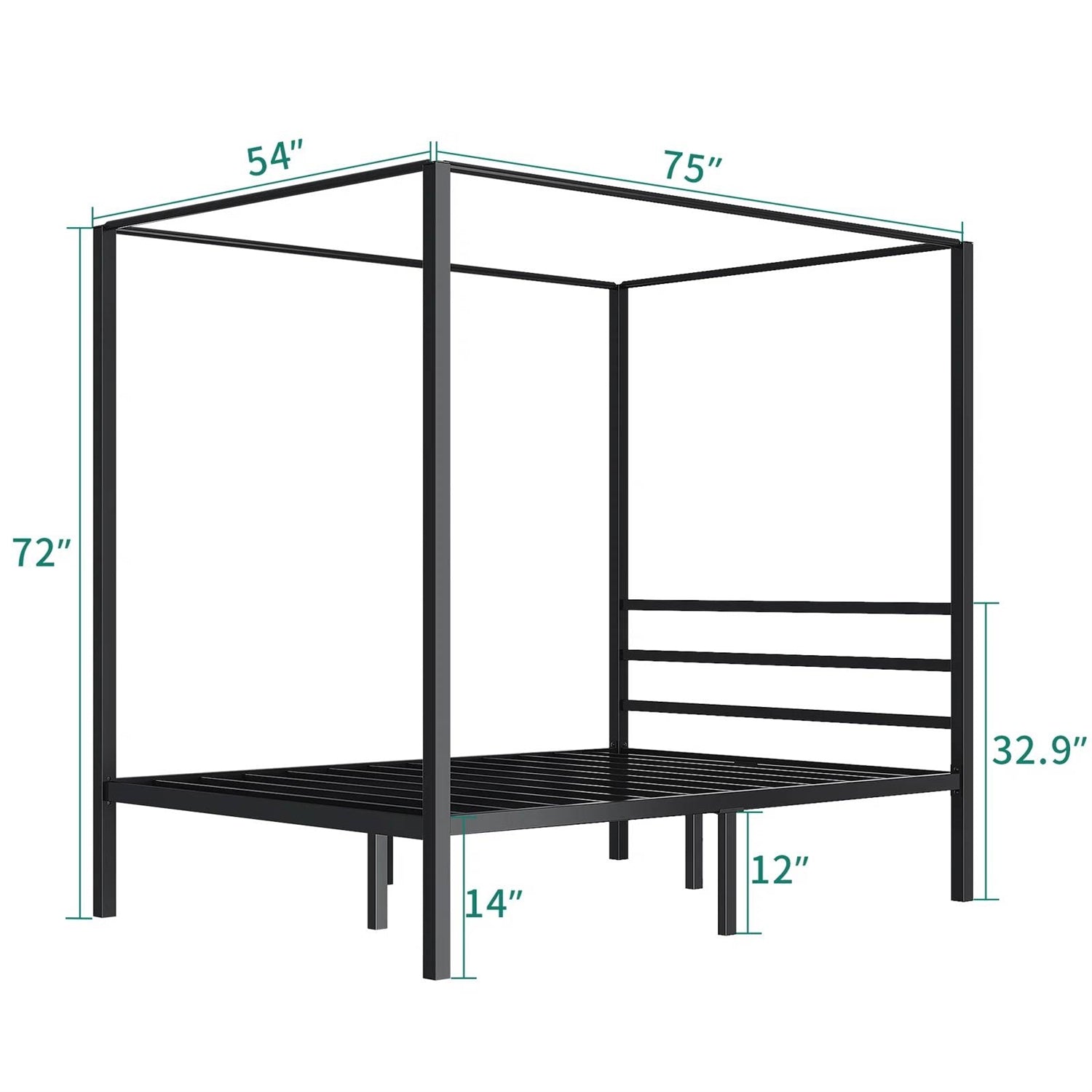 Full size Modern Four Poster Metal Canopy Bed in Black Finish