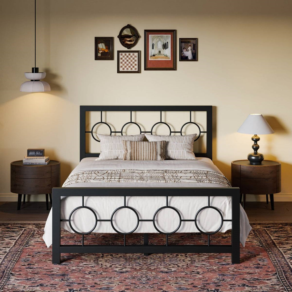Full Black Metal Platform Bed Frame with Circle Medallion Headboard Footboard