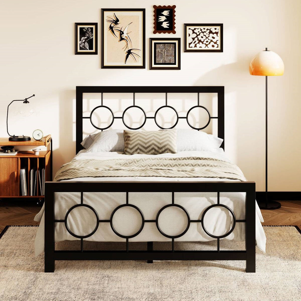 Full Black Metal Platform Bed Frame with Circle Medallion Headboard Footboard