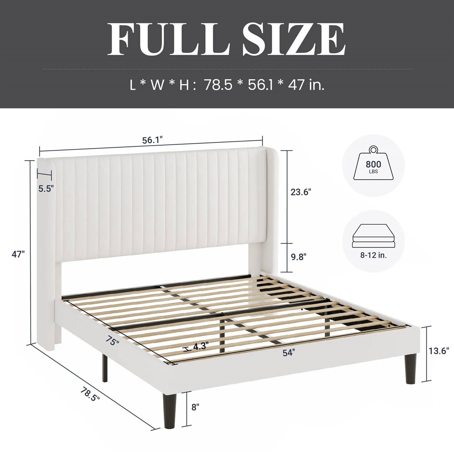 Full size White Velvet Upholstered Platform Bed Frame with Wingback Headboard