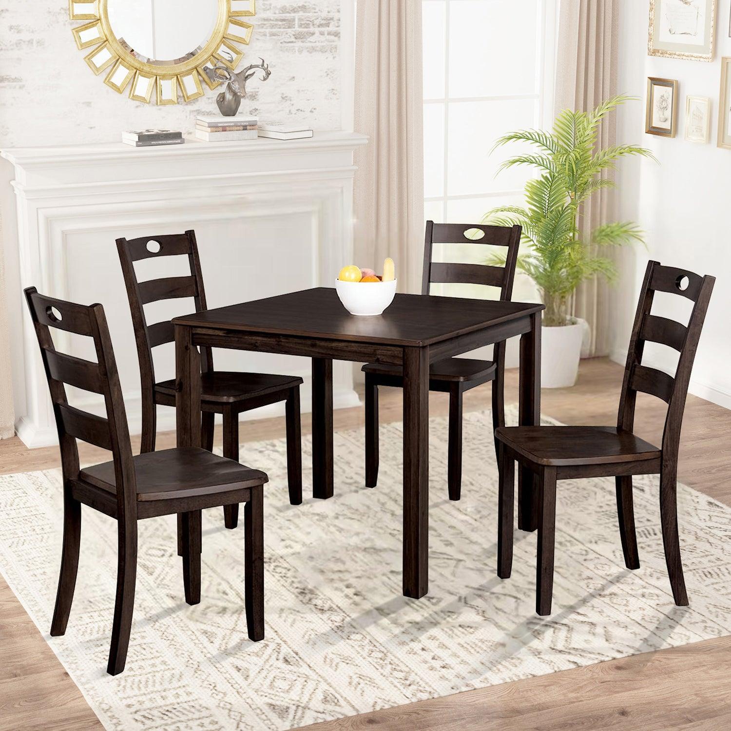 30"H Solid Rubberwood 5-Piece Dining Table Set with Slat Back Chairs