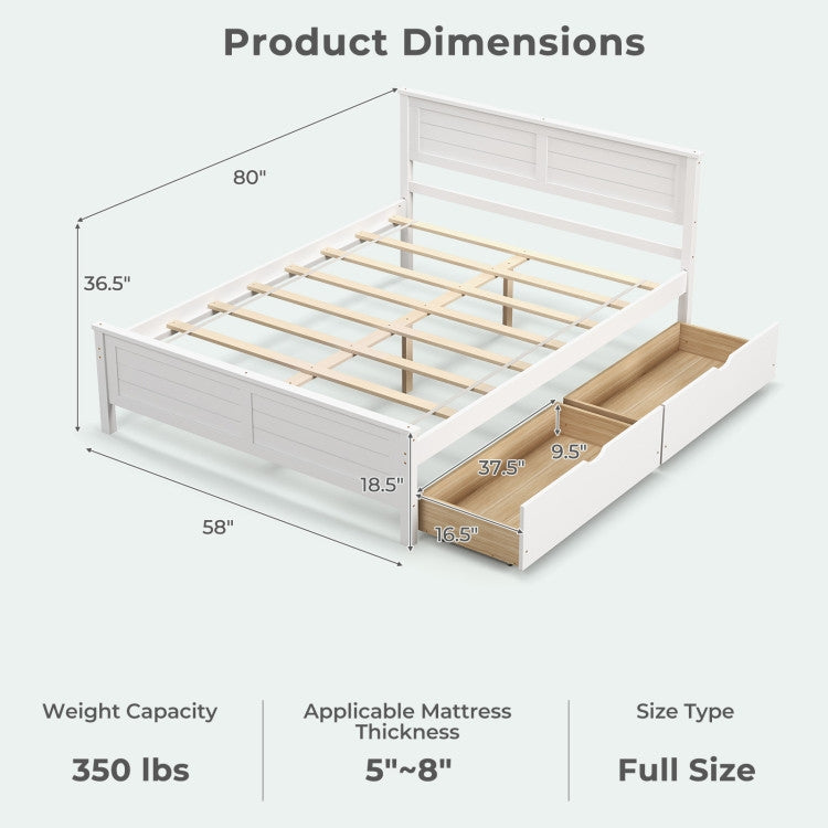 Full Size White Platform Bed Frame with 2 Storage Drawers