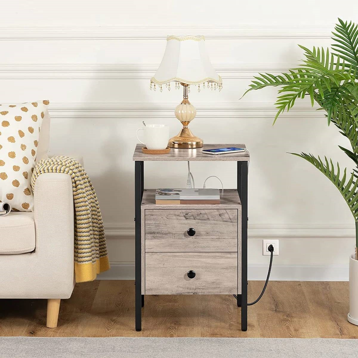 Modern Black Metal Nightstand with Grey Wood Finish Drawers and Shelf