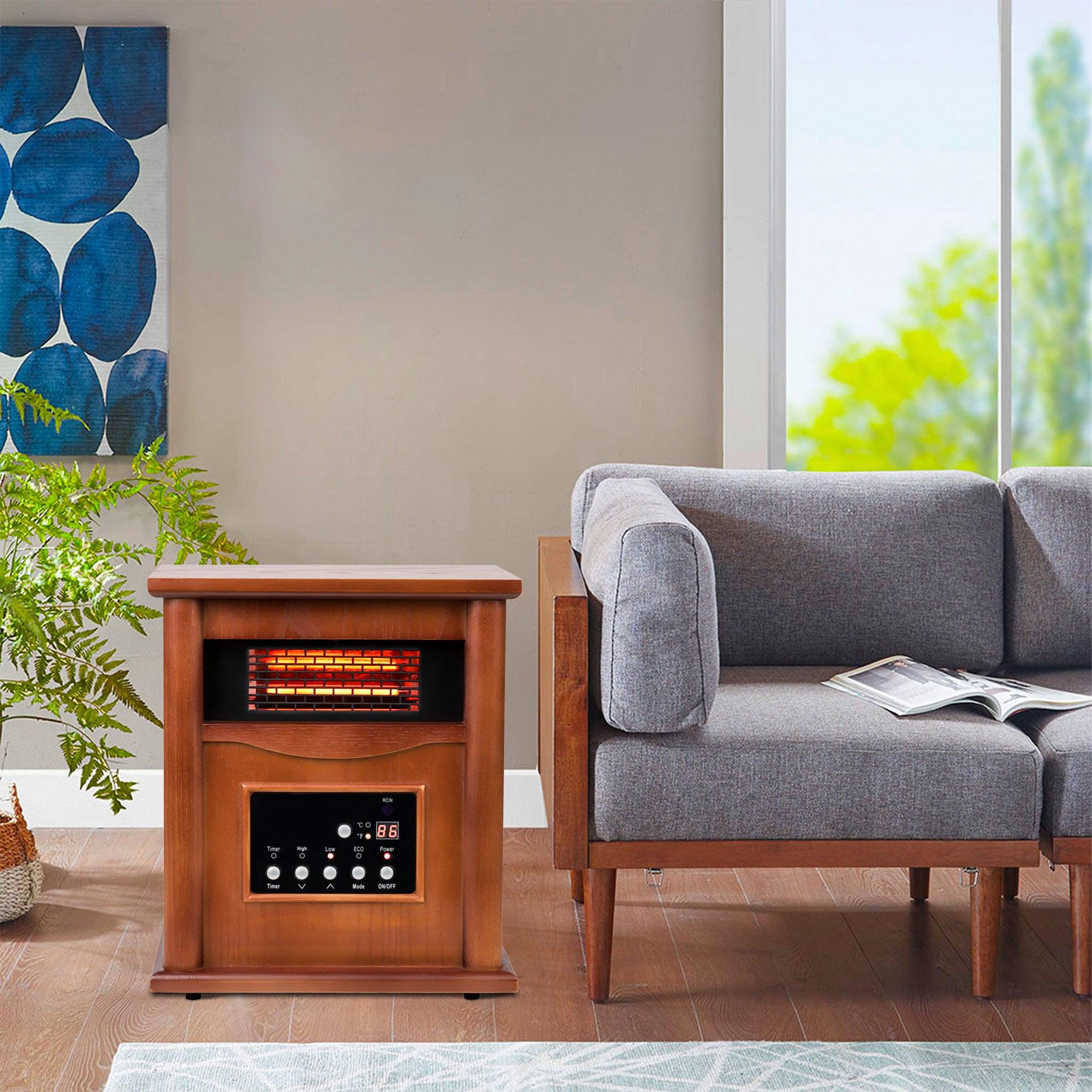 1500-Watt Electric Cabinet 4 Quartz Infrared Heater Wood with LED Digital Screen, Remote Control and Timer