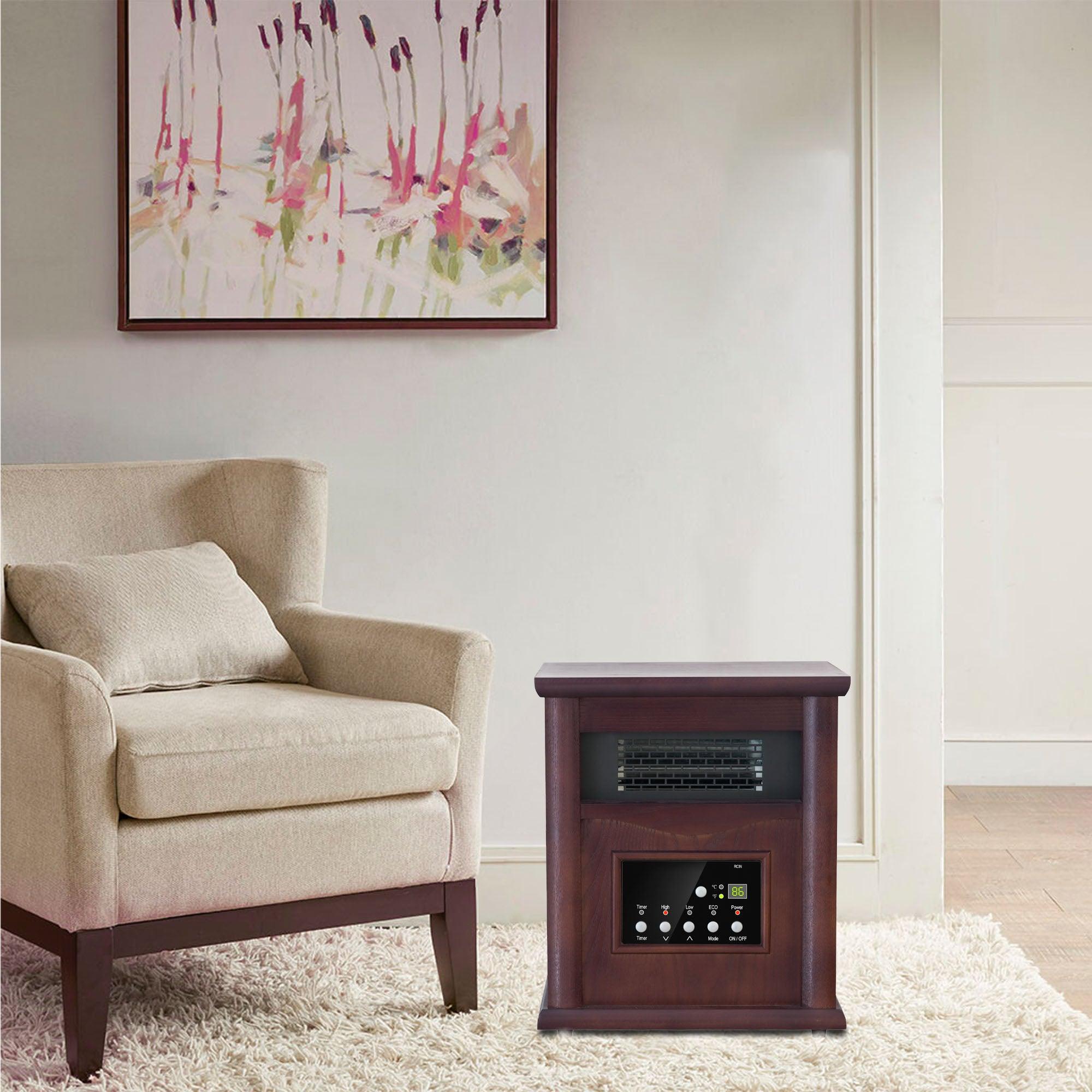 1500-Watt Electric Cabinet 4 Quartz Infrared Heater Wood with LED Digital Screen, Remote Control and Timer