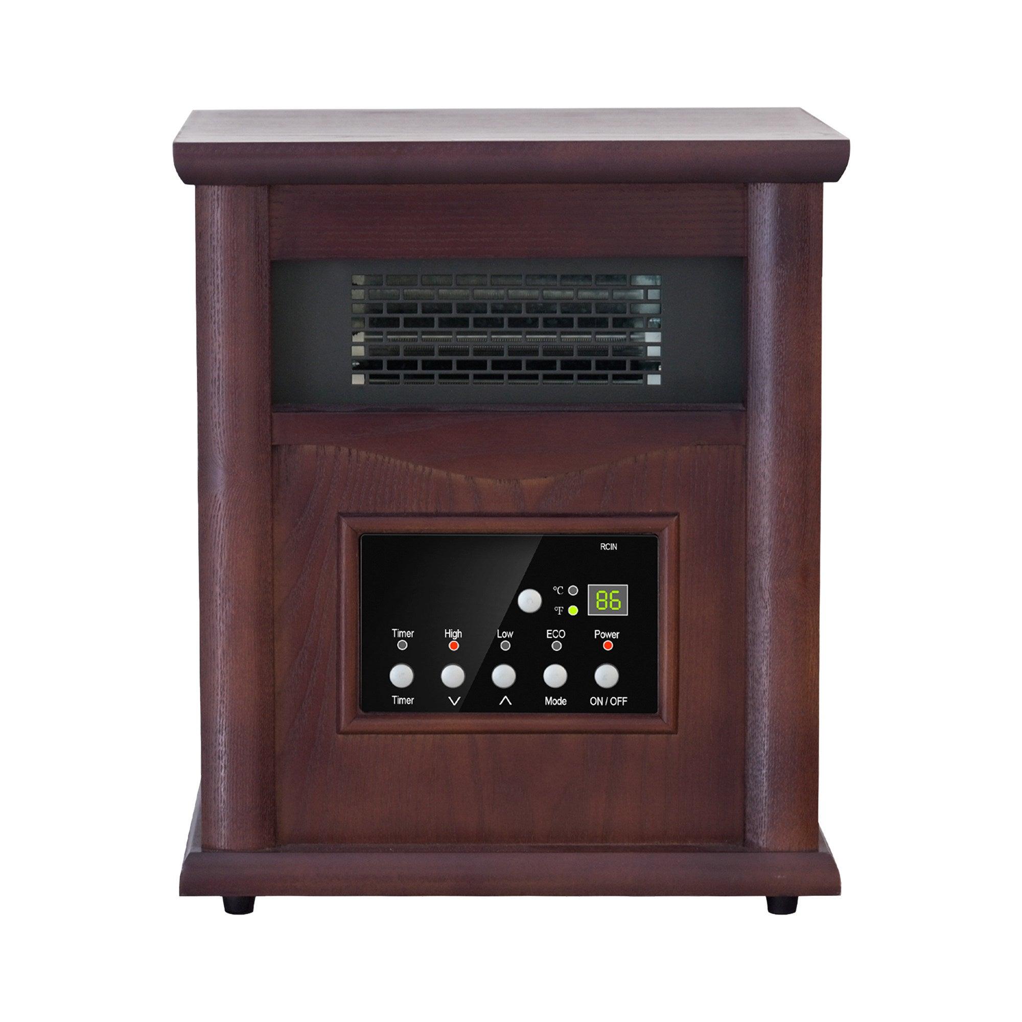 1500-Watt Electric Cabinet 4 Quartz Infrared Heater Wood with LED Digital Screen, Remote Control and Timer