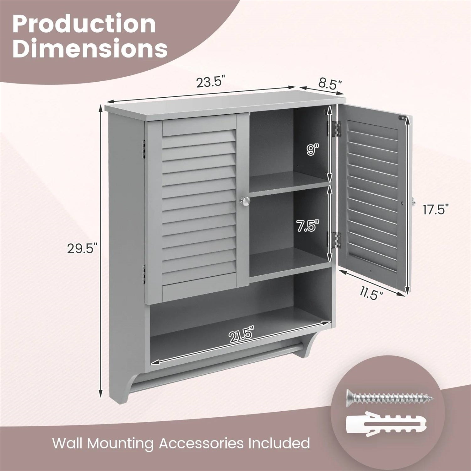 Grey Wall-Mounted Bathroom Medicine Cabinet with Louver Doors and Towel Bar