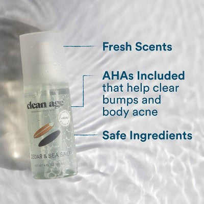 Clean Age Cedar & Sea Salt AHA Deodorant + Body Spray for Teens 4 fl oz - New