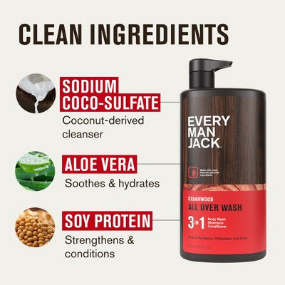 Every Man Jack Cedarwood Hydrating Men's 3-in-1 Body Wash and Shampoo and Conditioner 28.8 fl oz - Imperfect Container