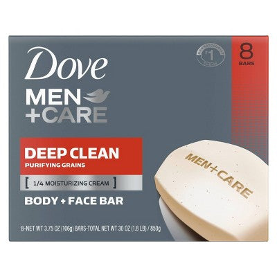 Dove Men+Care 3-in-1 Deep Clean Hand & Body + Face + Exfoliation Bar Soap 3.75oz/8pk - New
