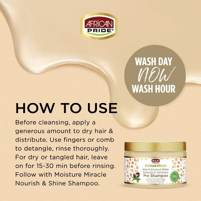 African Pride Moisture Miracle Aloe and Coconut Water Detangle and Condition Pre-Shampoo 12 fl oz - New