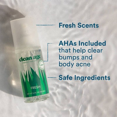 Clean Age Fresh AHA Deodorant + Body Spray for Teens 4 fl oz - New