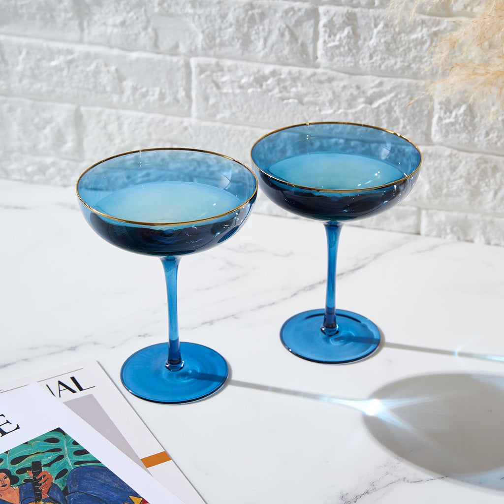 Palazzo Champagne Coupe, Cocktail Glassware, Set of 2, Blue