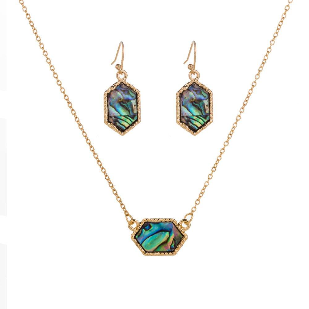 Hexagon Abalone Necklace and Abalone Earrings Set