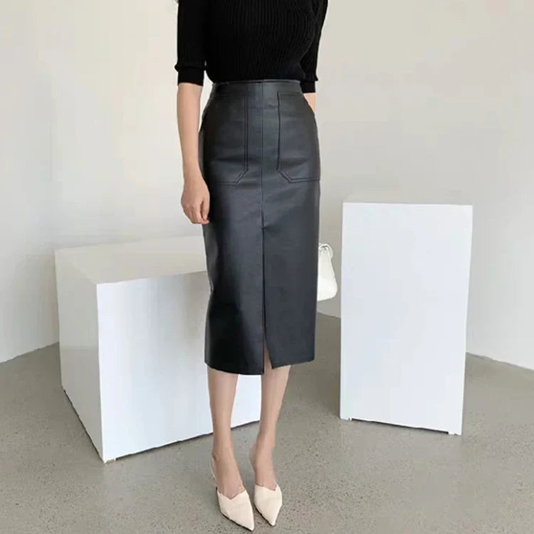 Slim Straight Faux Leather Skirt Women Chic Split Design Fashion