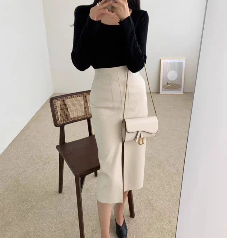 Slim Straight Faux Leather Skirt Women Chic Split Design Fashion