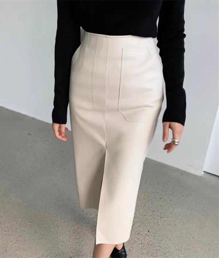 Slim Straight Faux Leather Skirt Women Chic Split Design Fashion