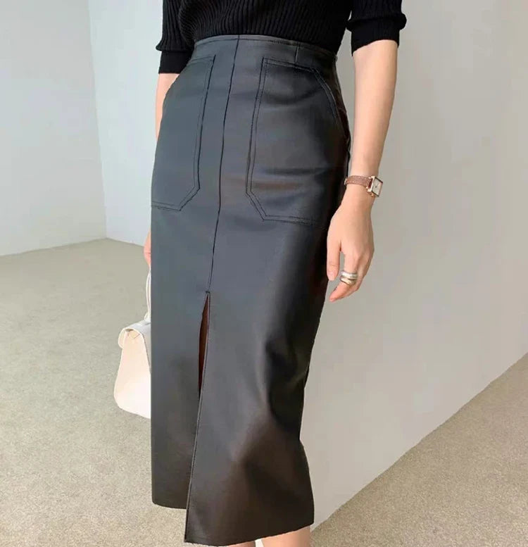 Slim Straight Faux Leather Skirt Women Chic Split Design Fashion