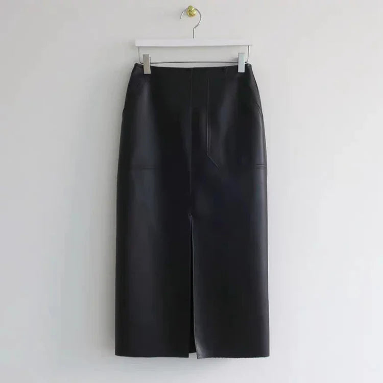 Slim Straight Faux Leather Skirt Women Chic Split Design Fashion