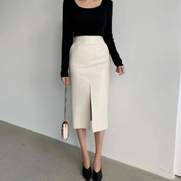 Slim Straight Faux Leather Skirt Women Chic Split Design Fashion