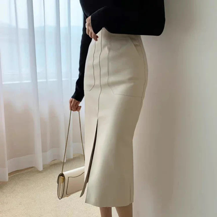 Slim Straight Faux Leather Skirt Women Chic Split Design Fashion
