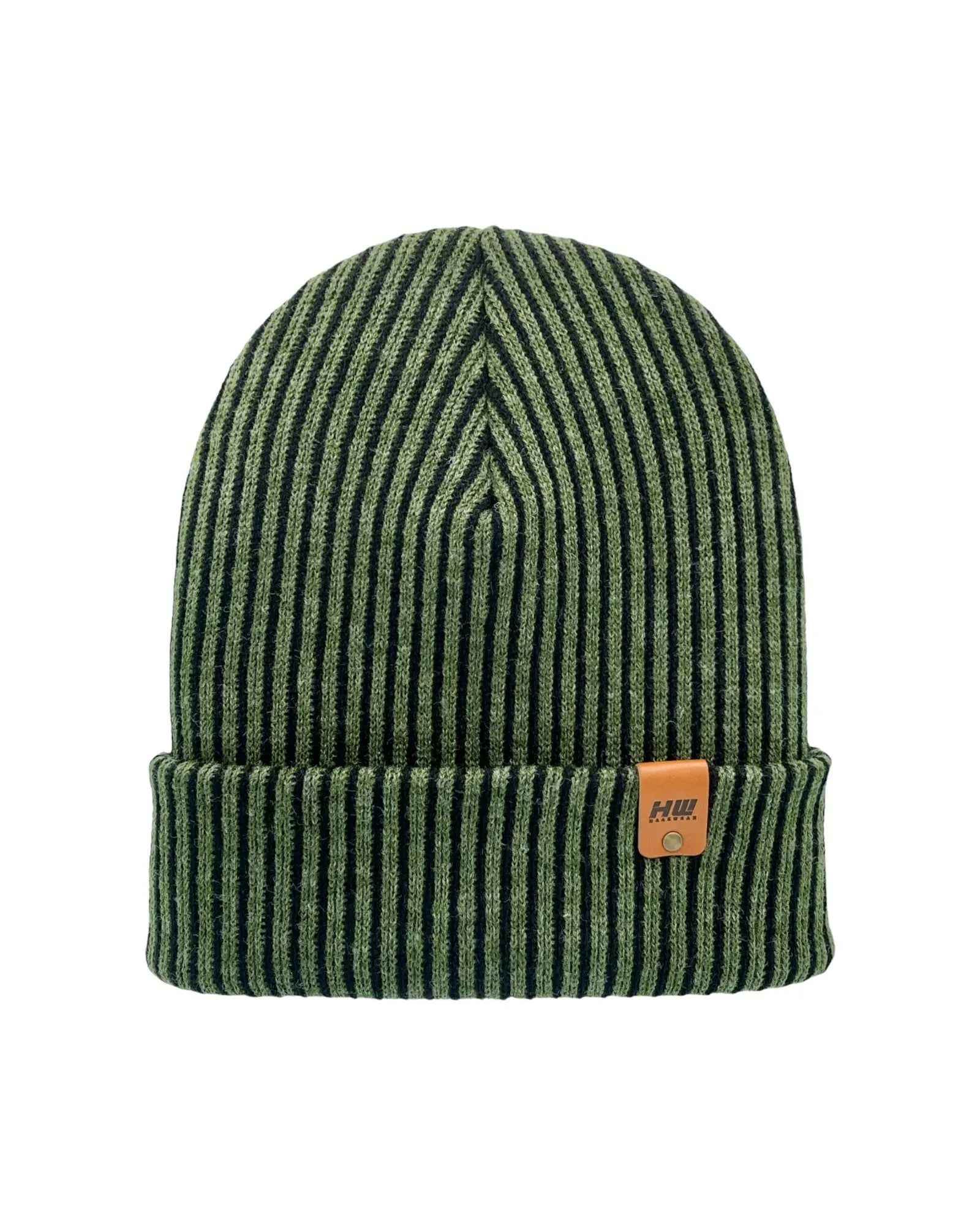 HAAKWEAR Cuffed Wide Ribbed Striped Beanie / Hat, Black / Green, Limited Edition - Made in USA