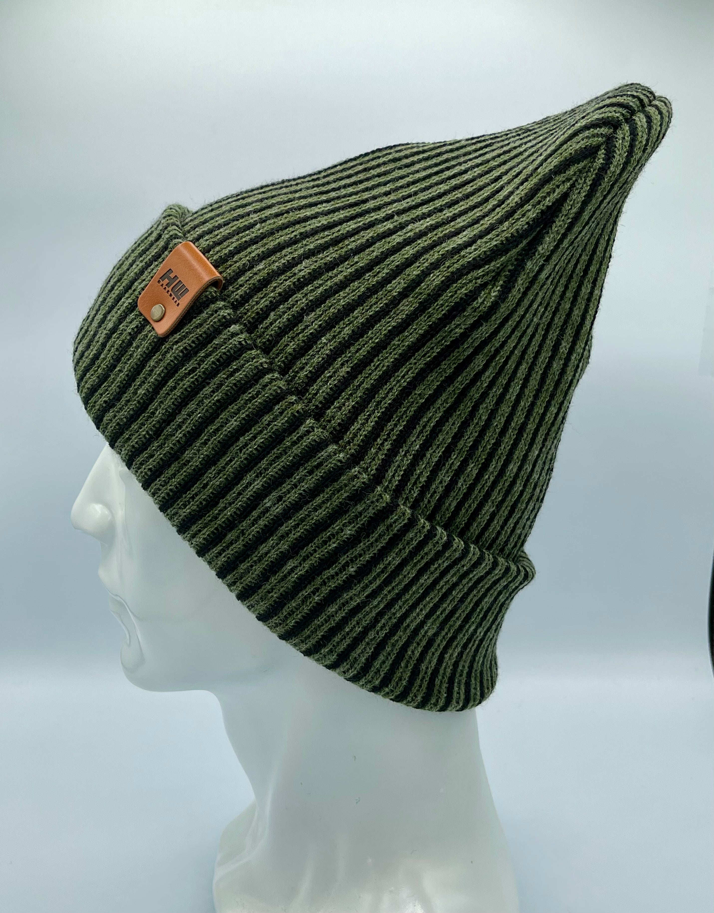 HAAKWEAR Cuffed Wide Ribbed Striped Beanie / Hat, Black / Green, Limited Edition - Made in USA