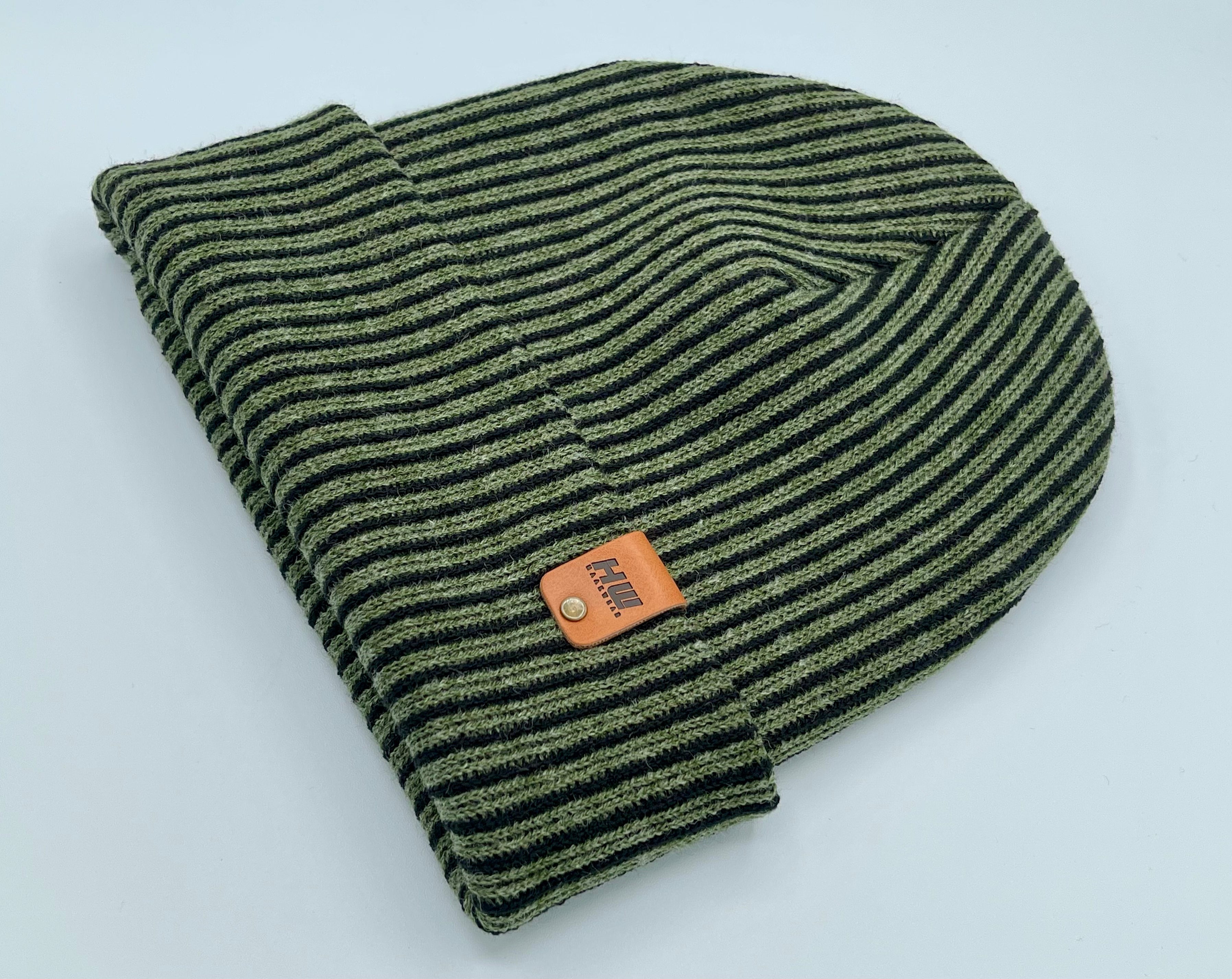 HAAKWEAR Cuffed Wide Ribbed Striped Beanie / Hat, Black / Green, Limited Edition - Made in USA