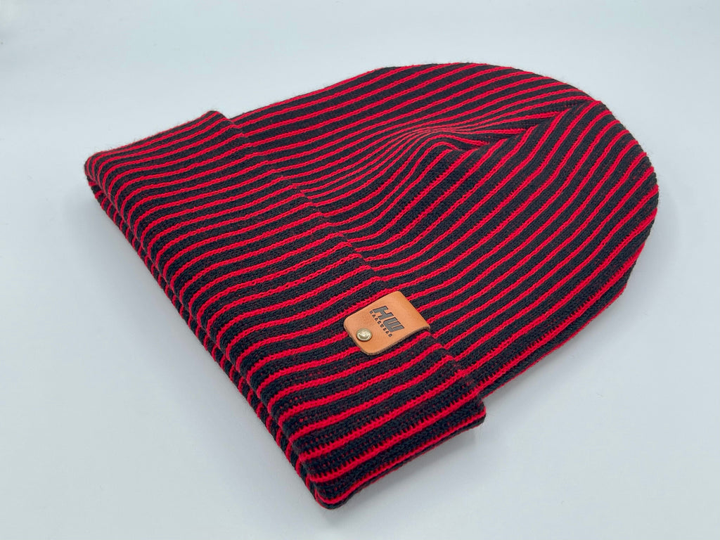 HAAKWEAR Cuffed Wide Ribbed Striped Beanie / Hat, Black / Red, Limited Edition - Made in USA
