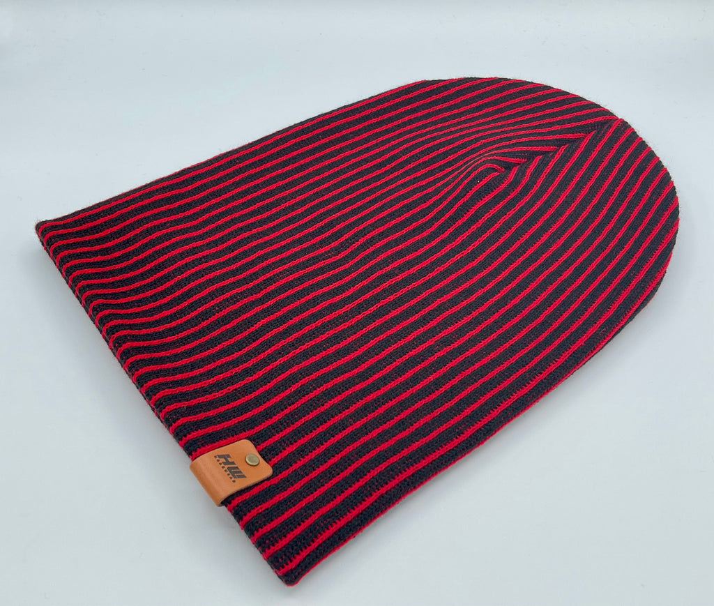 HAAKWEAR Cuffed Wide Ribbed Striped Beanie / Hat, Black / Red, Limited Edition - Made in USA