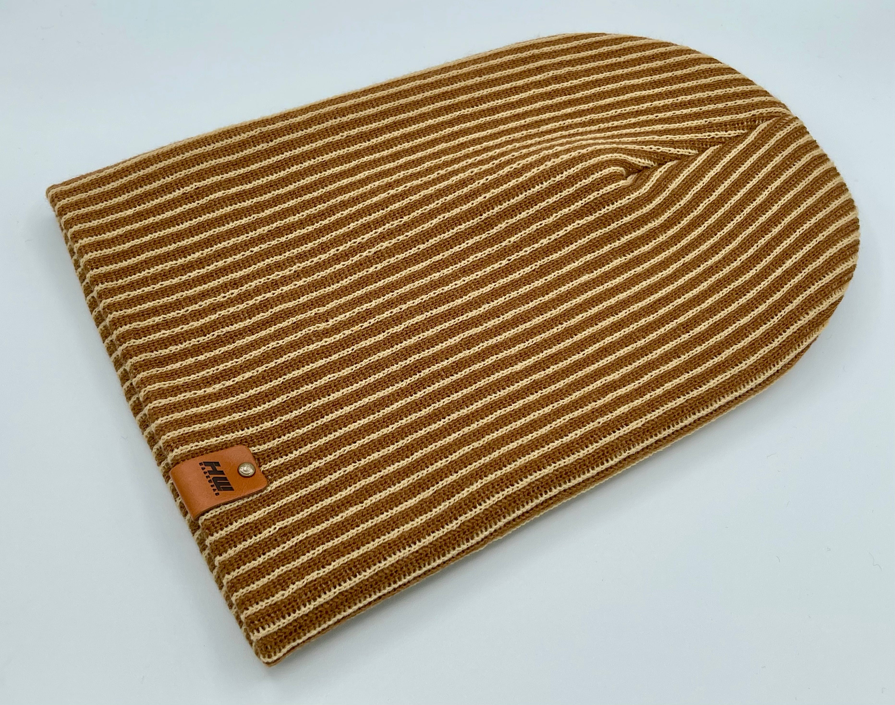 HAAKWEAR Cuffed Wide Ribbed Striped Beanie / Hat, Brown / Beige, Limited Edition - Made in USA