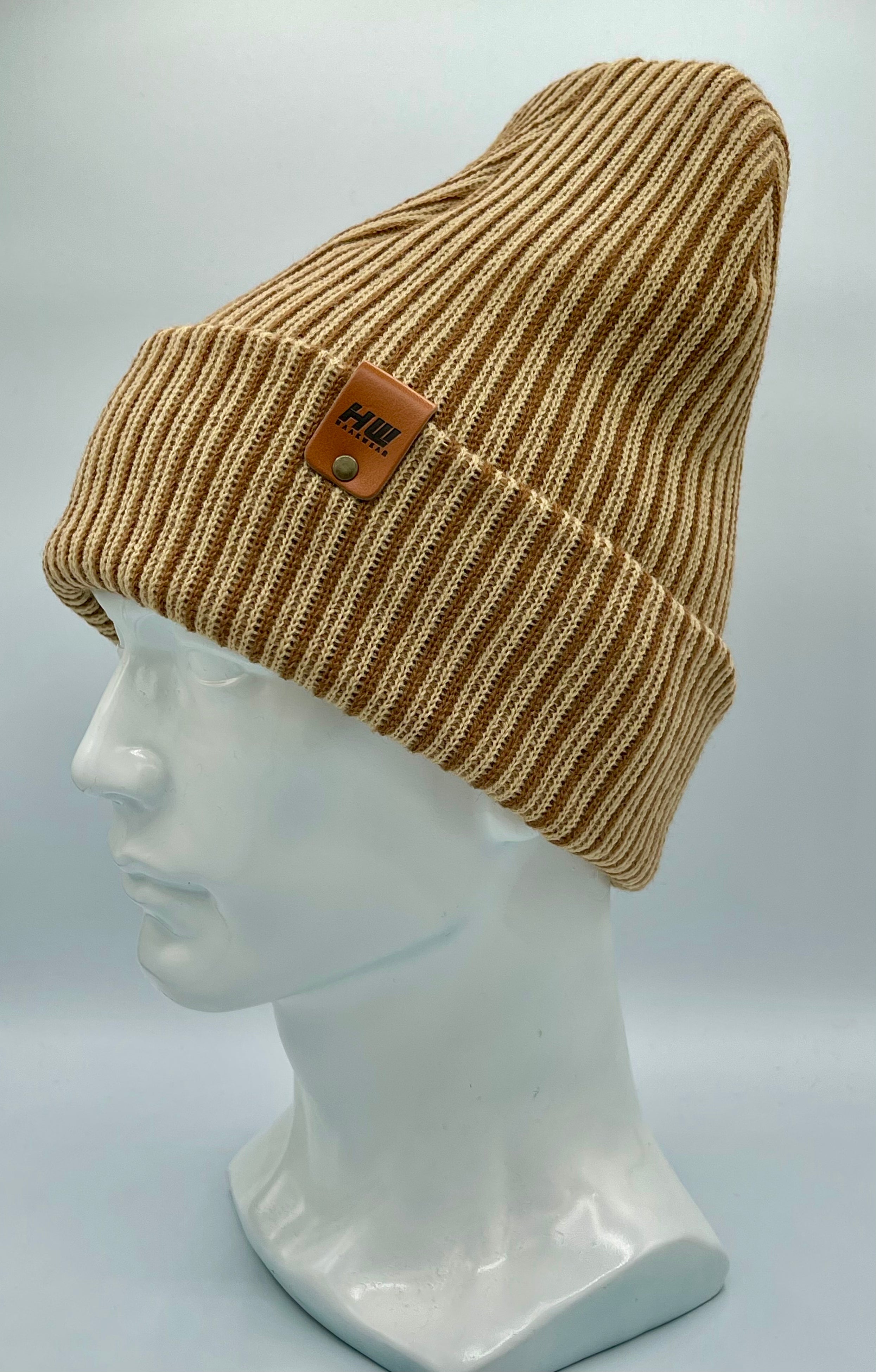 HAAKWEAR Cuffed Wide Ribbed Striped Beanie / Hat, Brown / Beige, Limited Edition - Made in USA