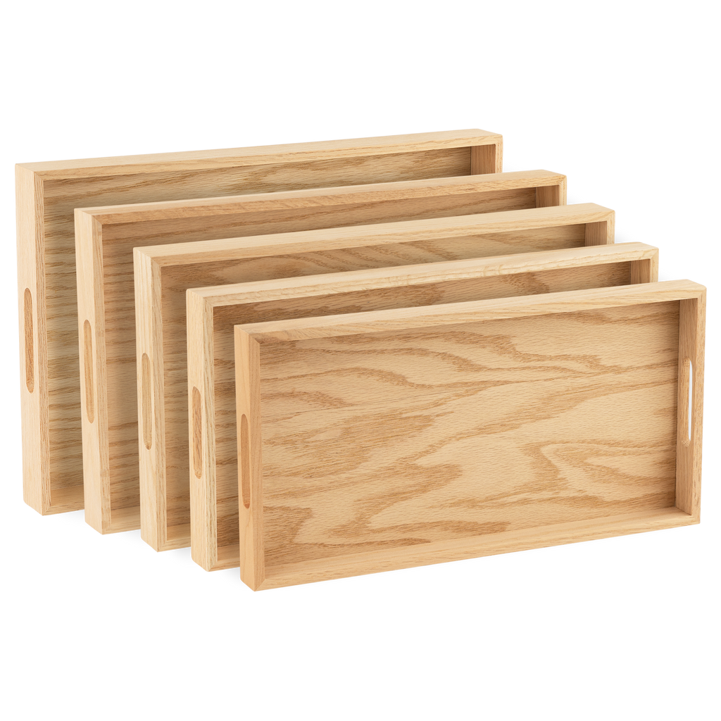 Oak Wood Nested Serving Trays  Five Piece Set of Rectangular Quality Wooden Trays with Cut Out Handles
