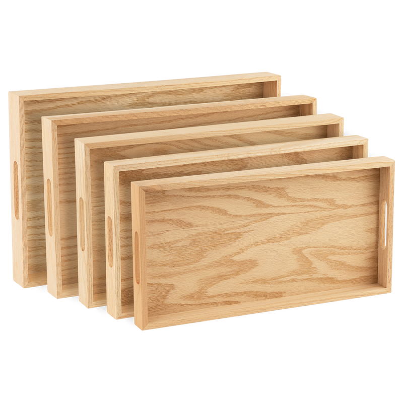 Oak Wood Nested Serving Trays  Five Piece Set of Rectangular Quality Wooden Trays with Cut Out Handles