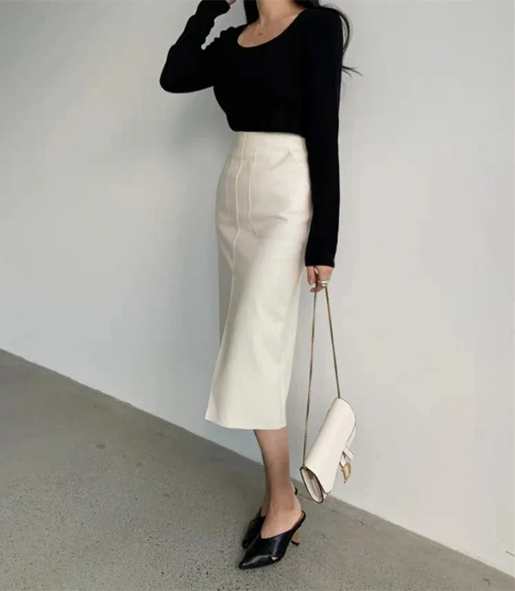 Slim Straight Faux Leather Skirt Women Chic Split Design Fashion