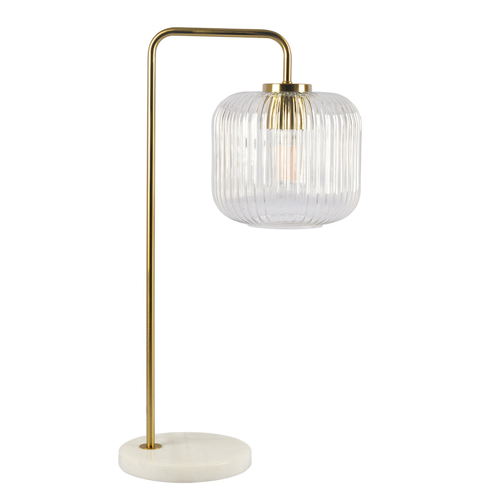 Haven Clear Glass Table Lamp, Gold Brush Metal and Marble Base, Button