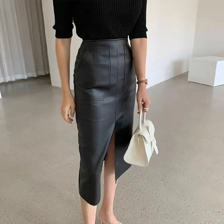 Slim Straight Faux Leather Skirt Women Chic Split Design Fashion