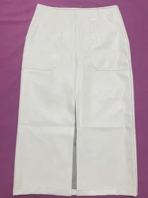 Slim Straight Faux Leather Skirt Women Chic Split Design Fashion