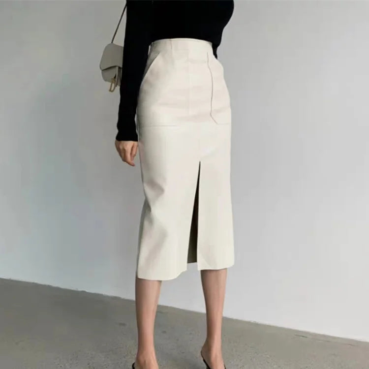 Slim Straight Faux Leather Skirt Women Chic Split Design Fashion