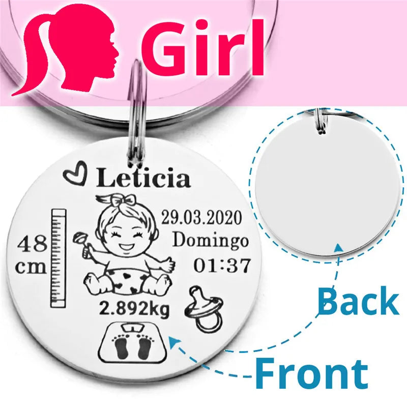Lovely Personalized Baby Boys Girls Keychain  Name Birth Weight Height For Newborn Commemorate New Mom Dad Gift Keyring P026_C